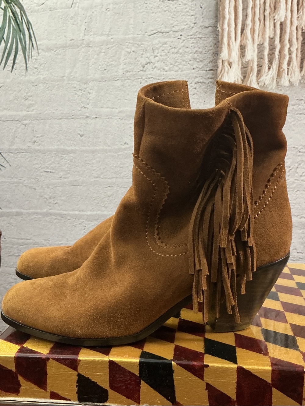 Sam Edelman Suede Fringe Ankle Boots in Cognac Brown